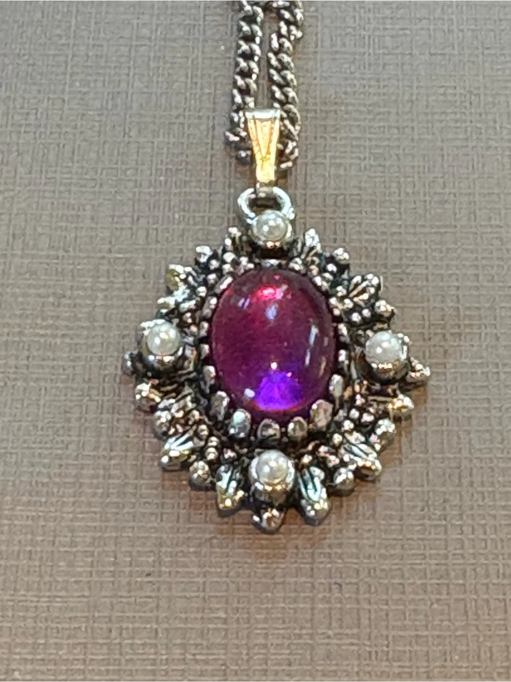 Sarah Coventry Purple Cabochon Pendant Silver Necklace with Pearl Accents